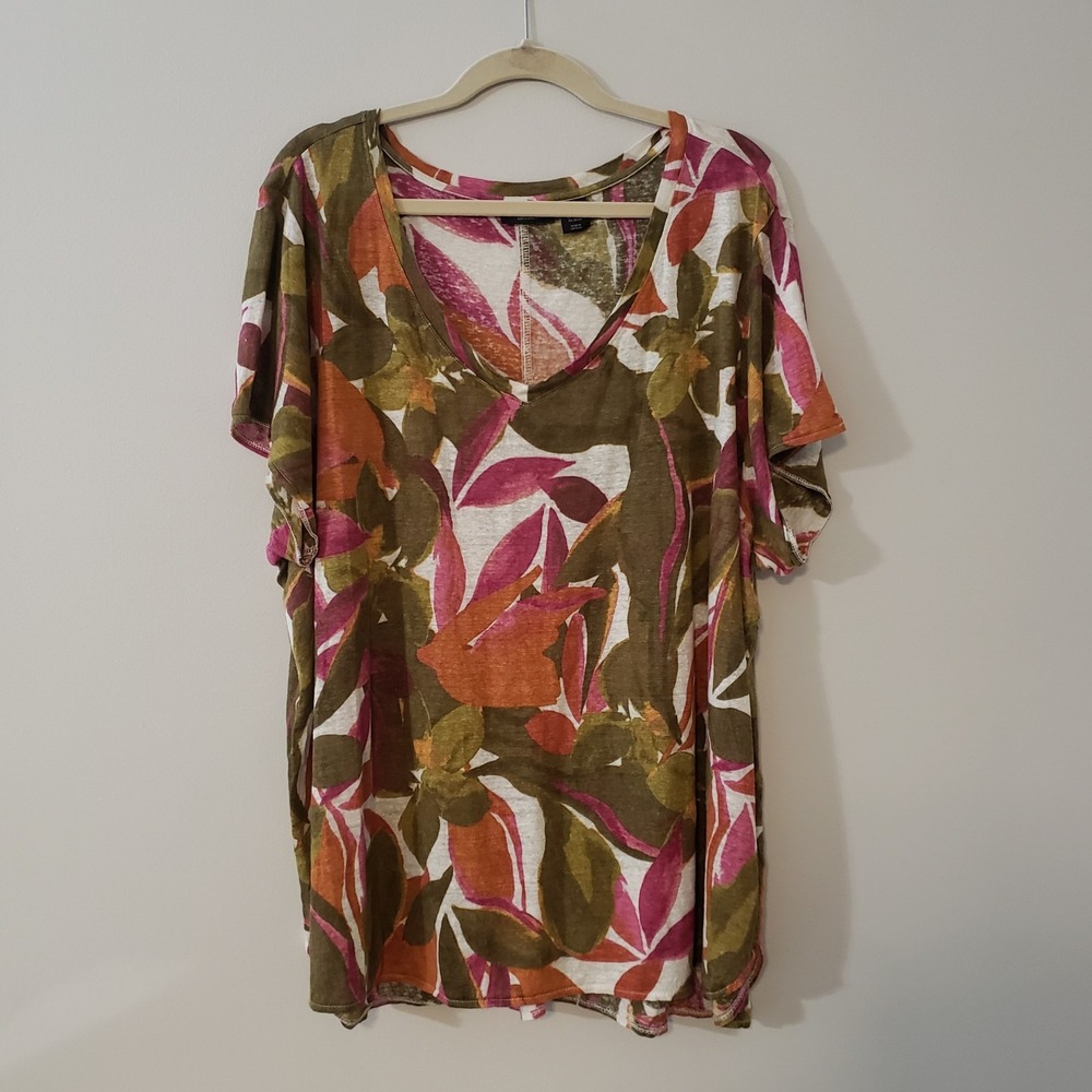 Tahari Womens Linen Floral Tropical Top SIZE 3X Airy Lightweight Short Sleeve